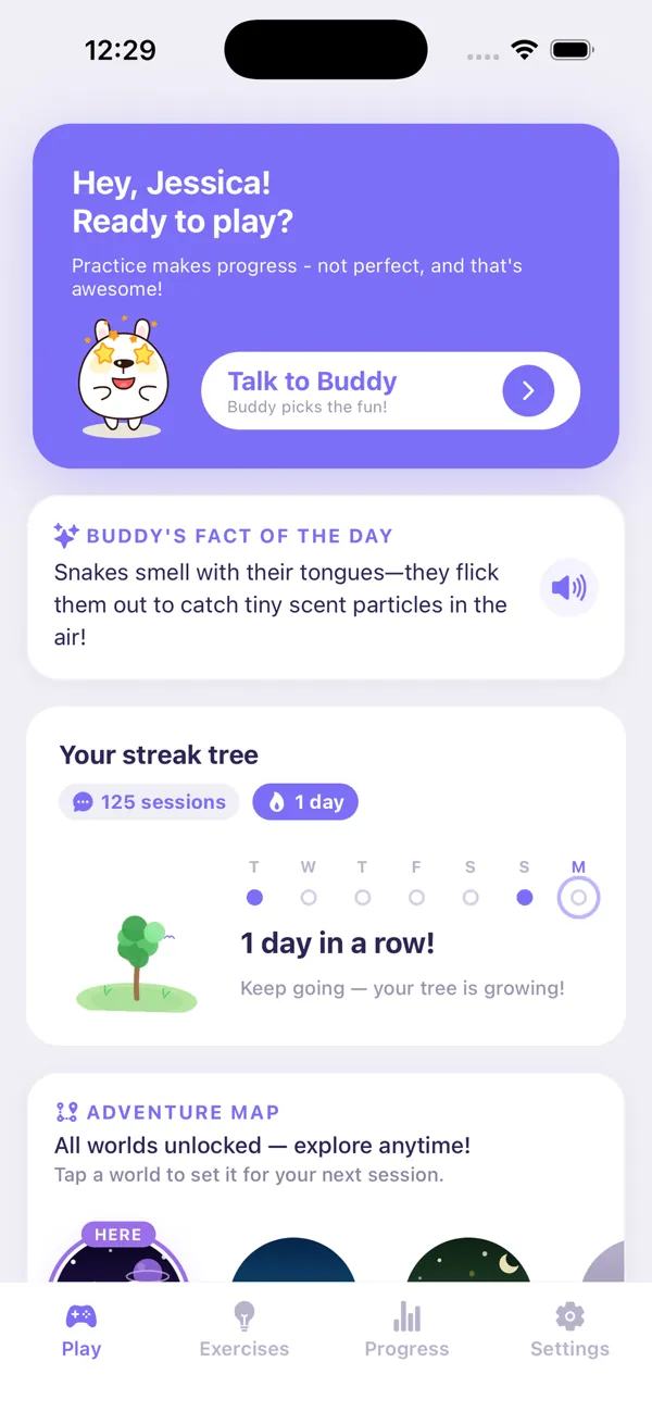 The Little Words app showing Buddy ready to play