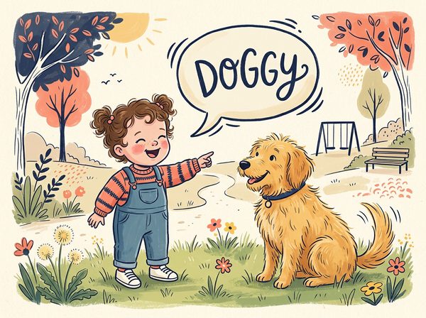 Toddler pointing at a dog